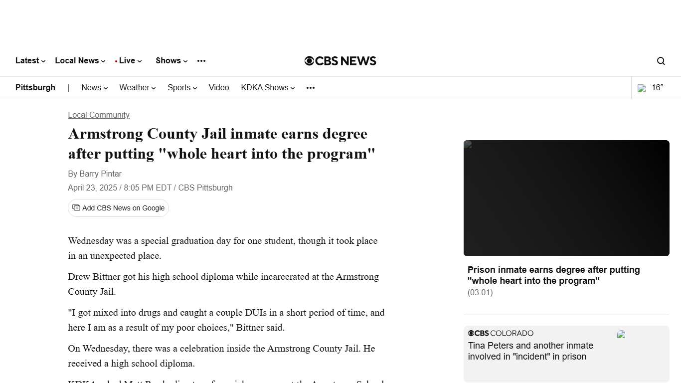 Armstrong County Jail inmate earns degree after putting "whole heart into the program" - CBS Pittsburgh
