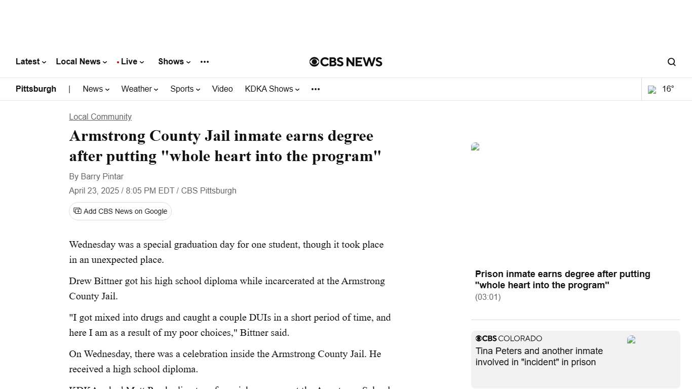 Armstrong County Jail inmate earns degree after putting "whole heart into the program" - CBS Pittsburgh